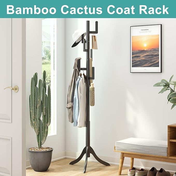 Black Bamboo Coat Rack Freestanding 6 Hooks | Modern Adjustable Wooden Hall Tree