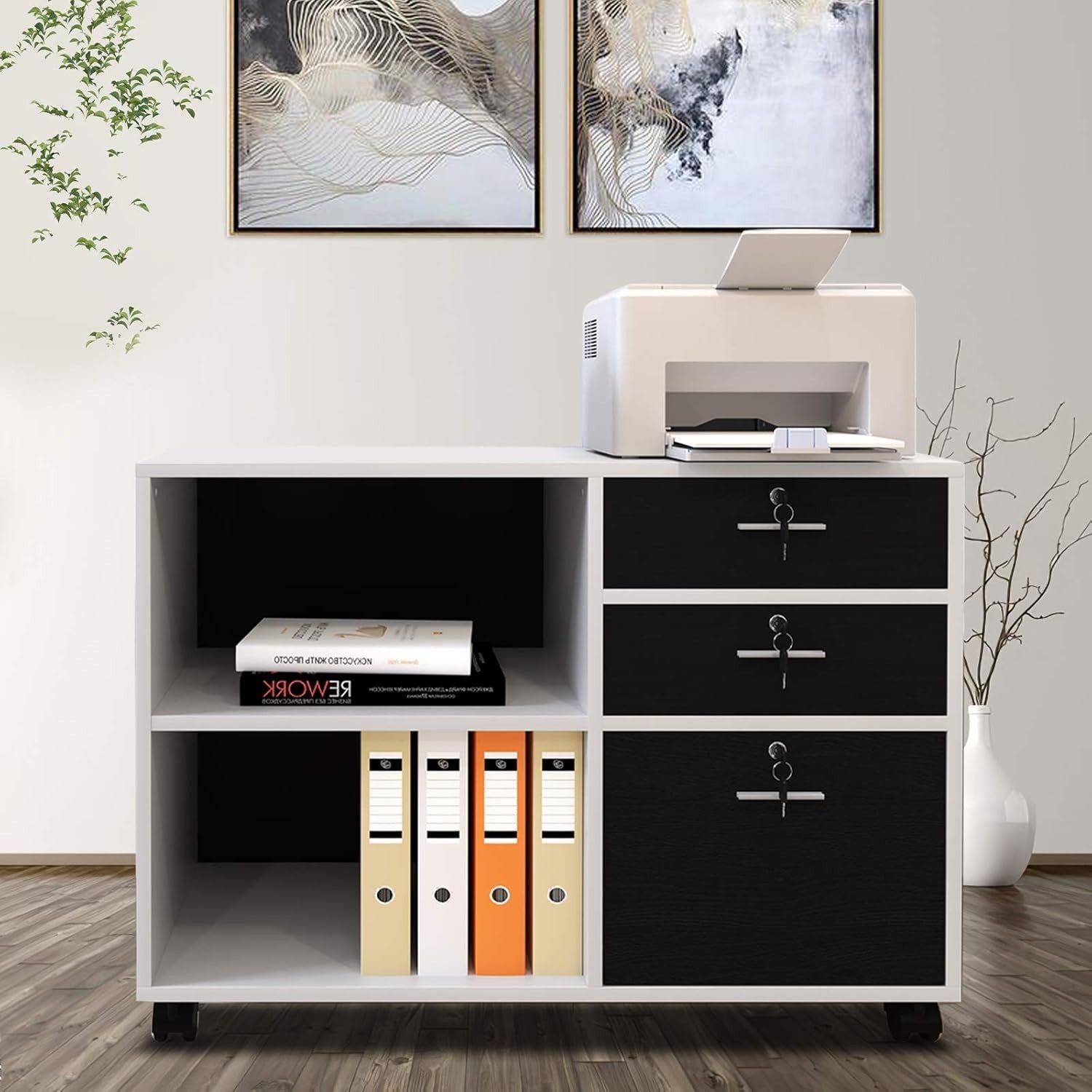 Wide Mobile Filing Cabinet 3 Drawer Lockable Printer Stand White Black