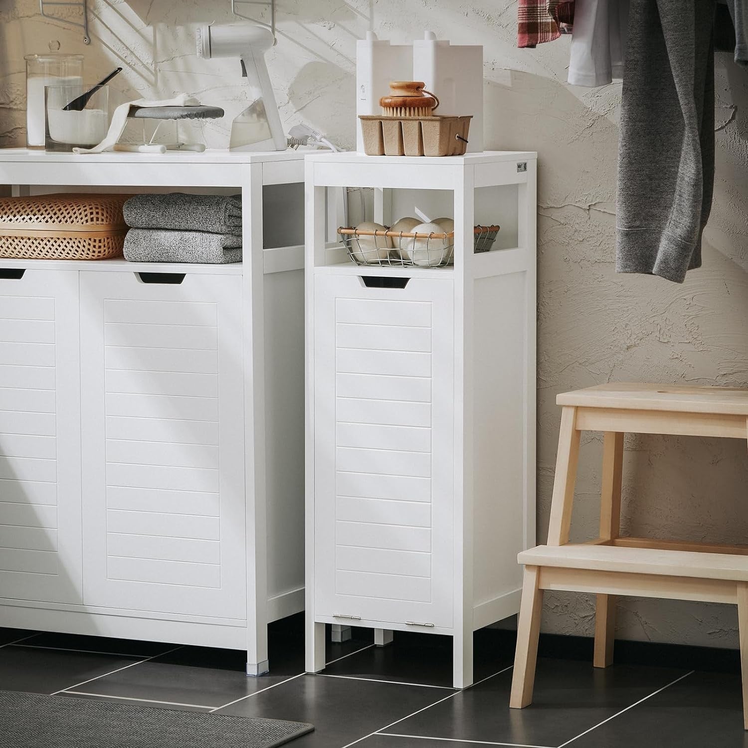 Slim Bathroom Laundry Cabinet 90cm Tall with Flip-Out Hamper & Storage Shelf