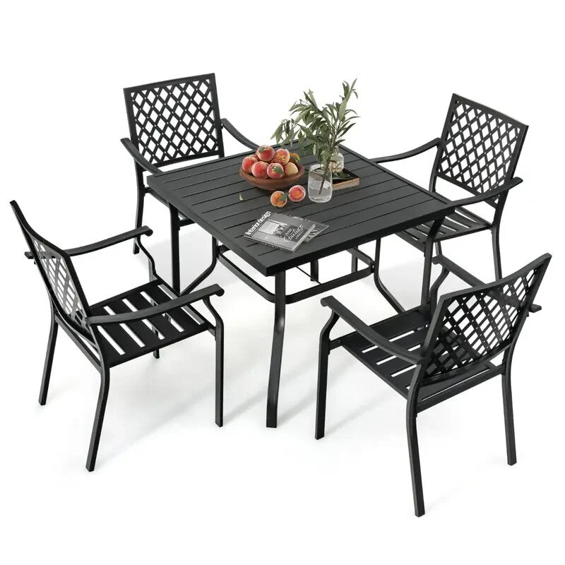 5-Piece Metal Patio Dining Set – Stackable Chairs & Slatted Table w/ Umbrella Ho