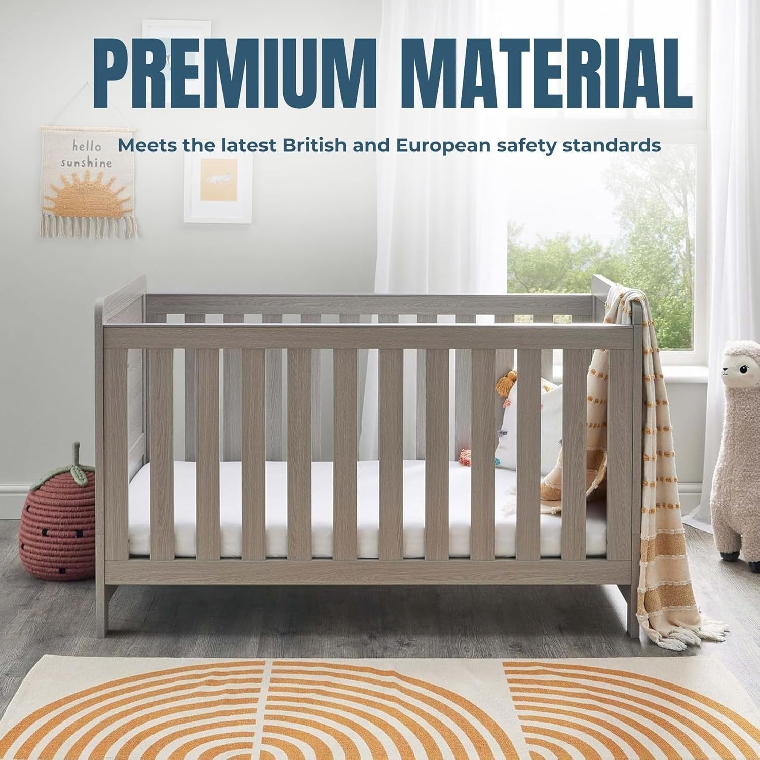 Convertible Baby Cot Bed Toddler Bed Adjustable Height w/ Teething Rails Grey