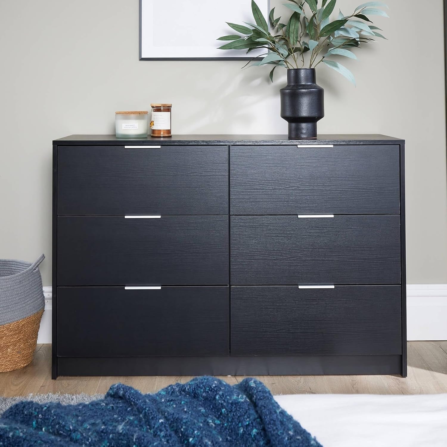 Black 6 Drawer Wide Chest Bedroom Storage Cabinet Modern Clothes Unit