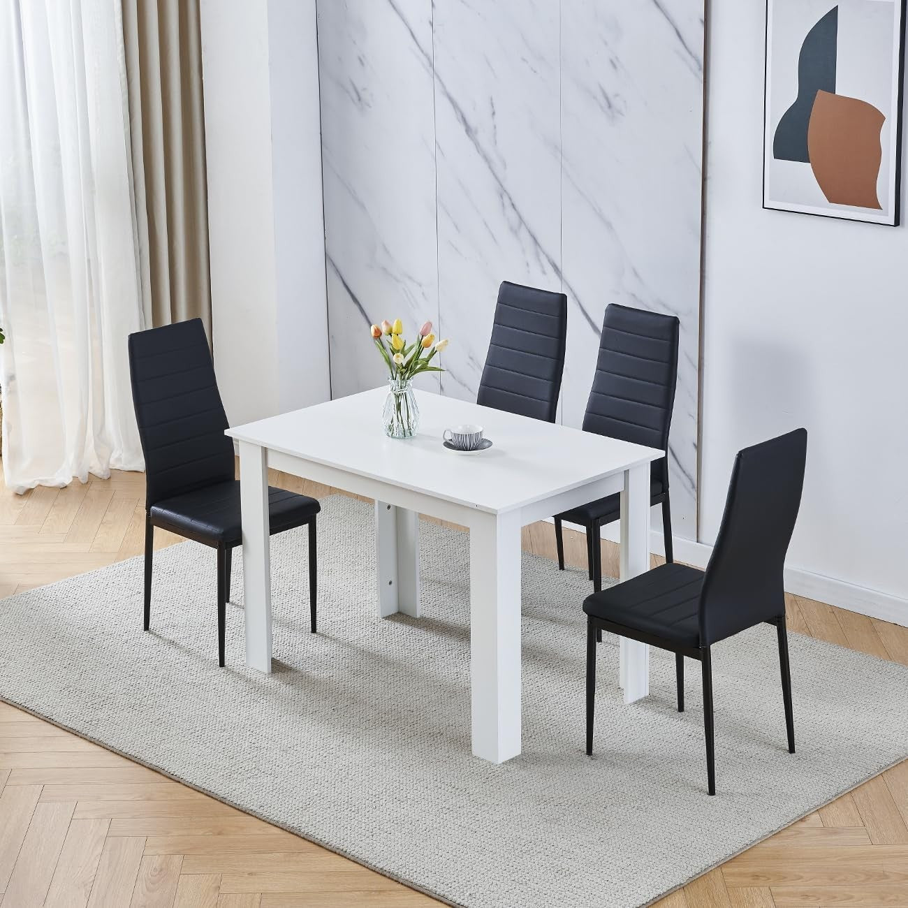 White 4 Seater Dining Table Set Faux Leather Chairs Compact Modern 110cm