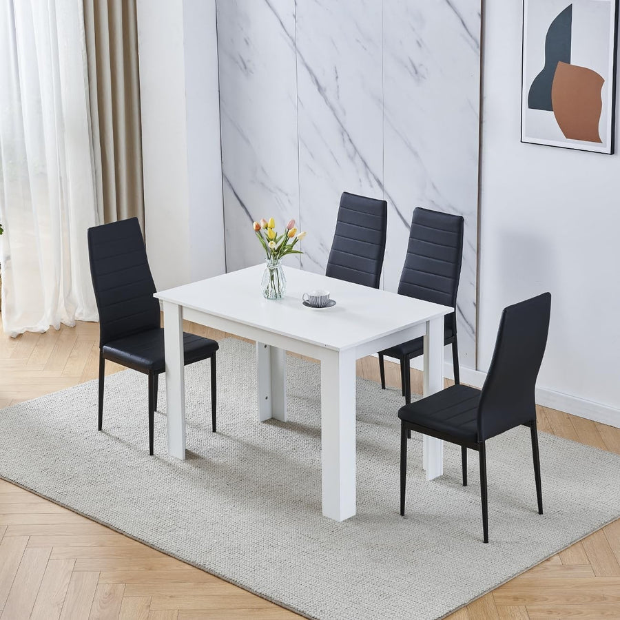 White 4 Seater Dining Table Set Faux Leather Chairs Compact Modern 110cm