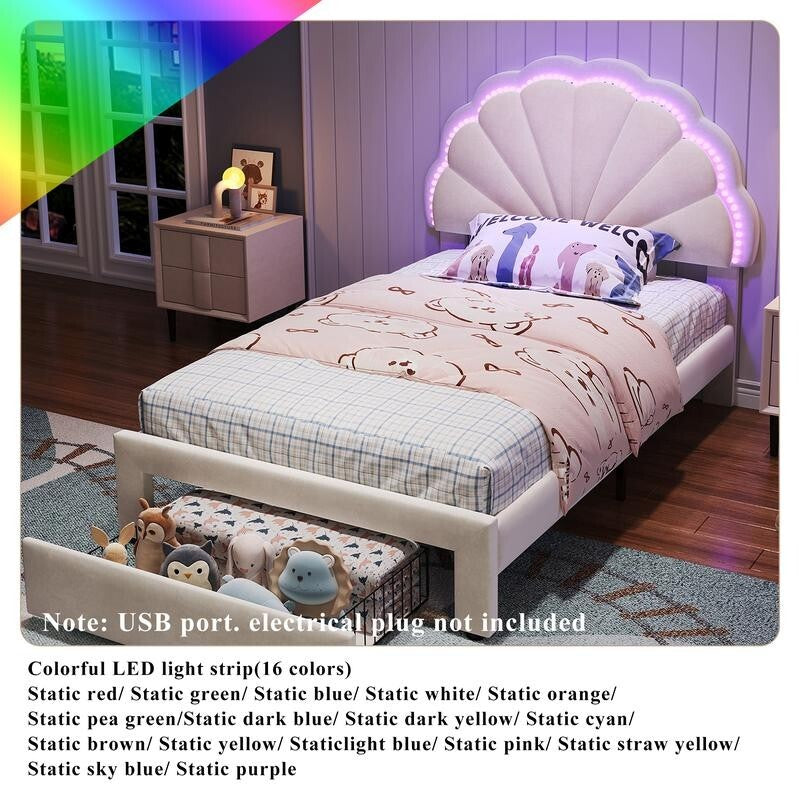 3FT Shell Single Bed with LED Lights & Drawer – Velvet Kids Teen Bed Beige