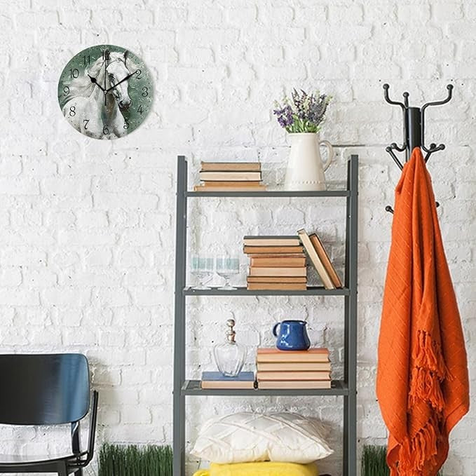 White Horse Wall Clock 25cm Rustic Animal Art Silent Non-Ticking Home Decor