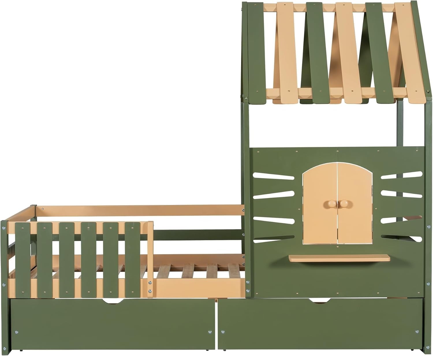 Kids Wooden Bed Frame 3ft Single 90x190cm w/ Roof Window Guardrail & Storage