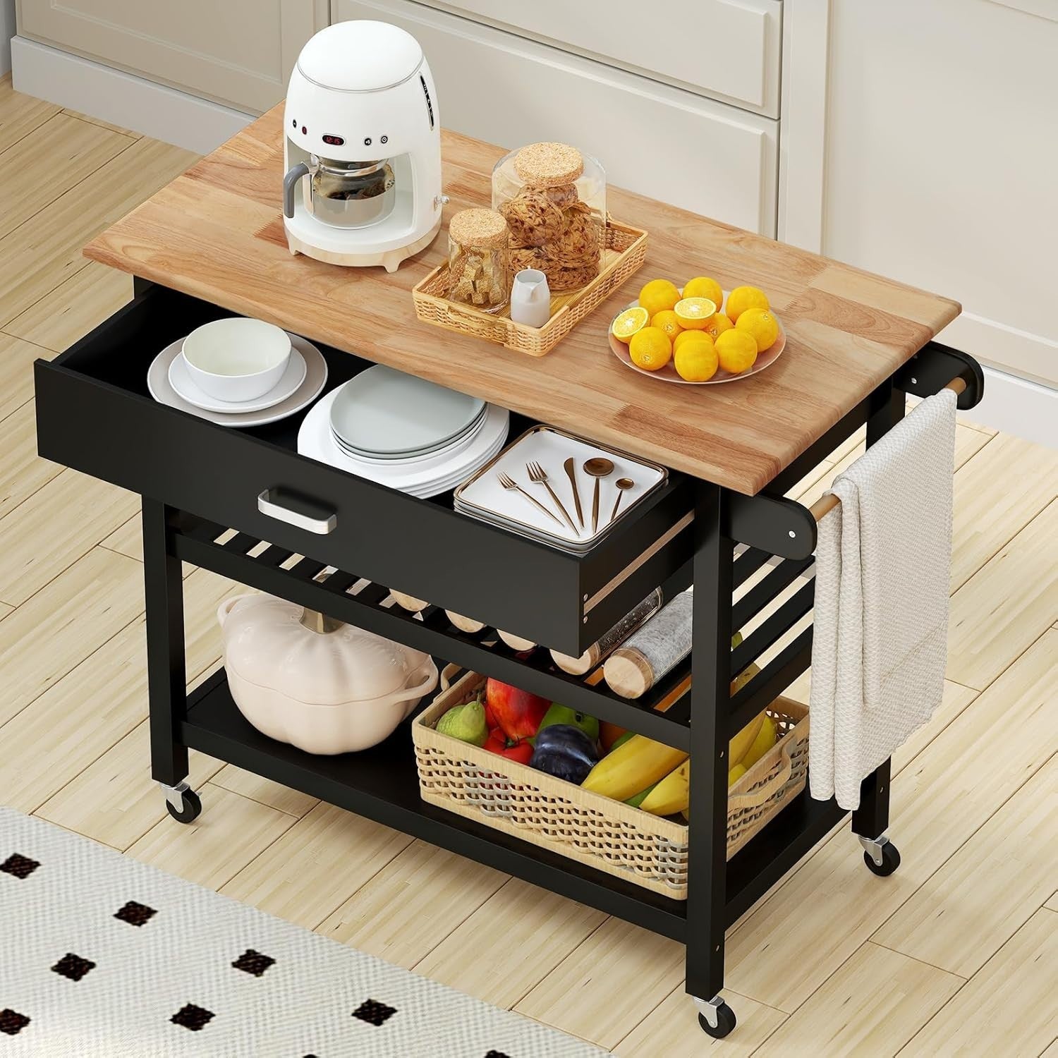 Black 106cm Kitchen Island Cart Rubber Wood