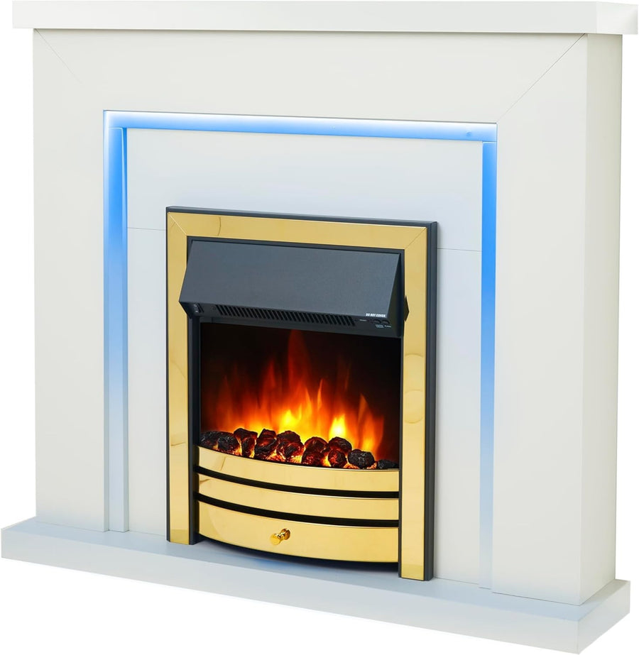 Electric Fireplace 42" LED Suite White Brass Fire Remote Heat Mood Light