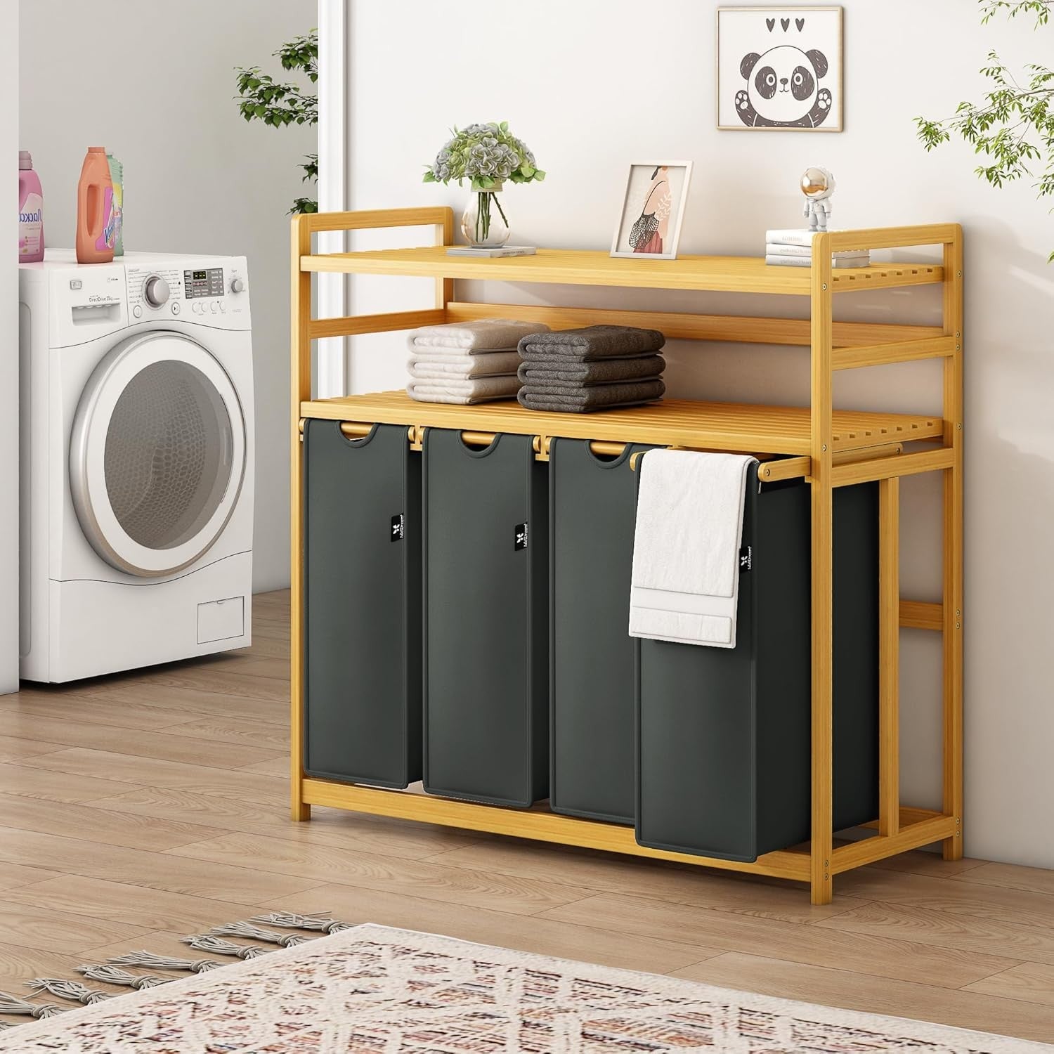 200L 4-Section Laundry Sorter Bamboo Frame Grey With Shelf Removable Bags