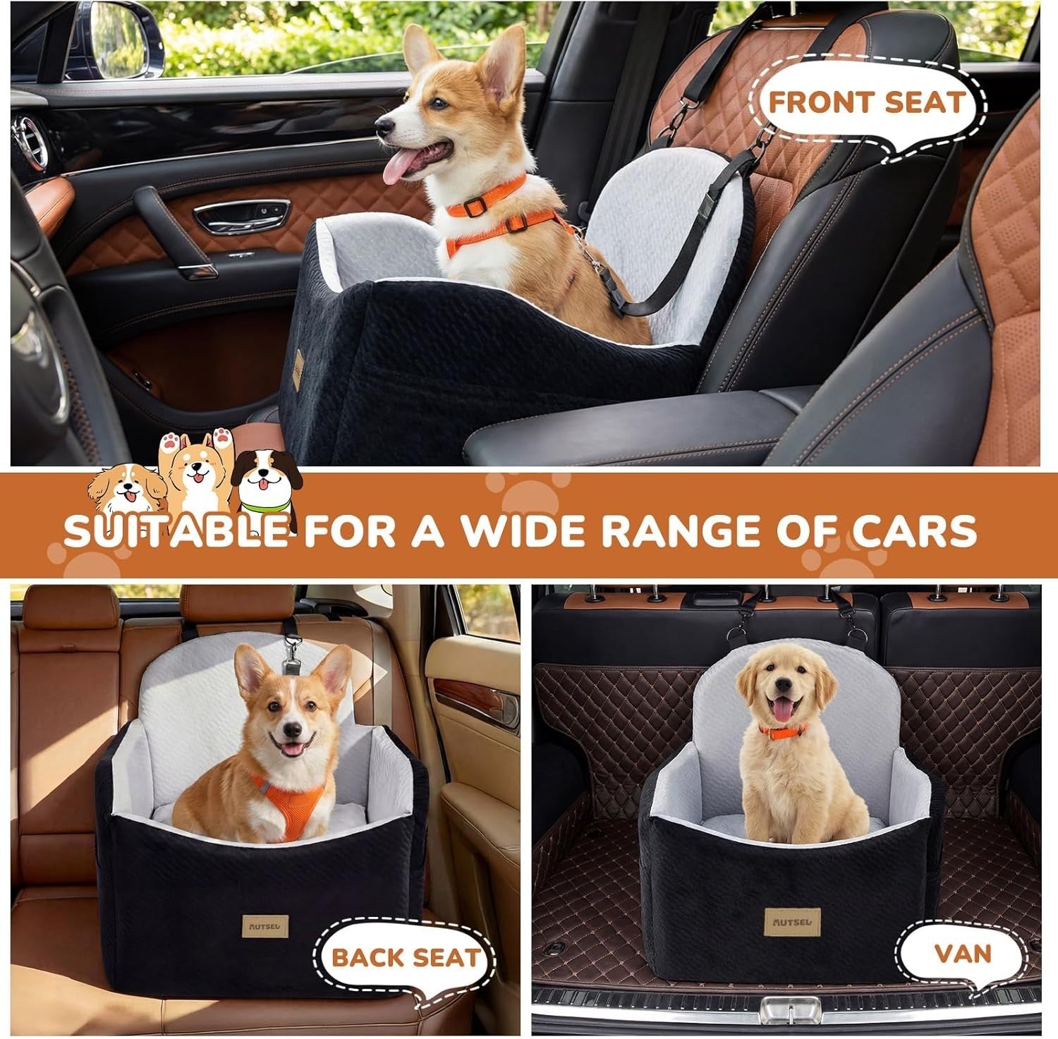 Dog Booster Car Seat Washable Travel Bed Safety Leash 40lb Black Grey