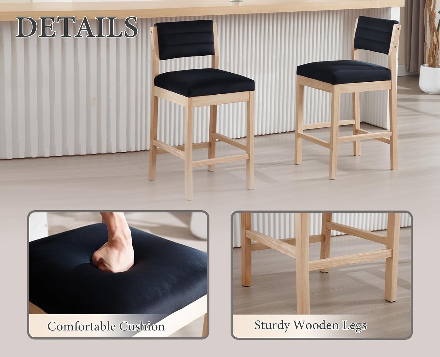 Modern Black Velvet Bar Stools Set of 2 – Wooden Leg Counter Chairs