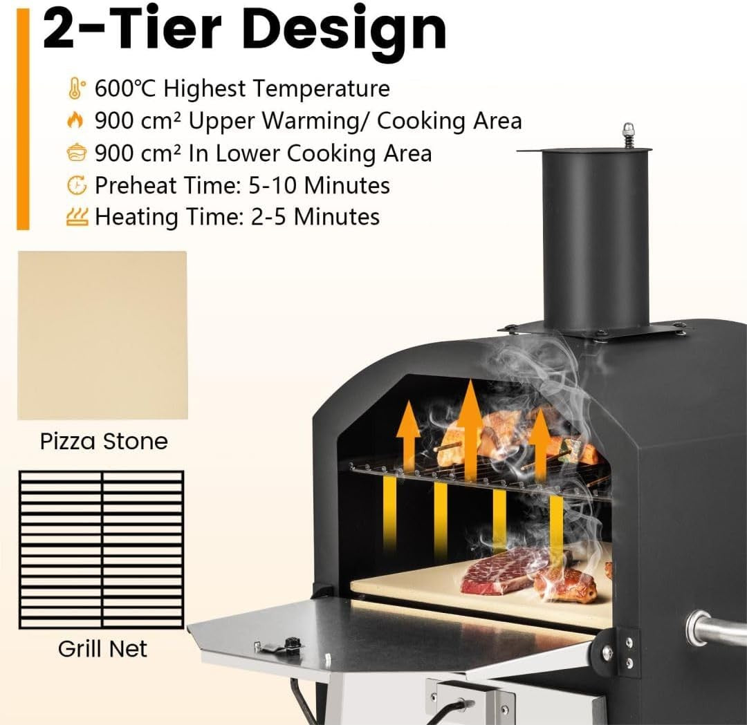 2-Tier Outdoor Wood Fired Pizza Oven BBQ Grill Cooker w Stone & Cover 54x31x72cm