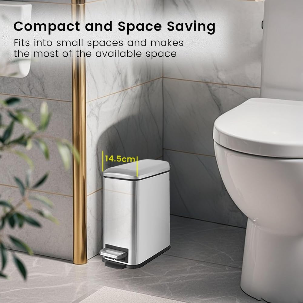 5L Stainless Steel Bathroom Pedal Bin Soft Close Slim Silver