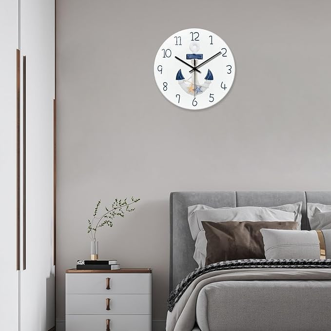Large 16" Nautical Wall Clock Silent Anchor Design Coastal Home Decor