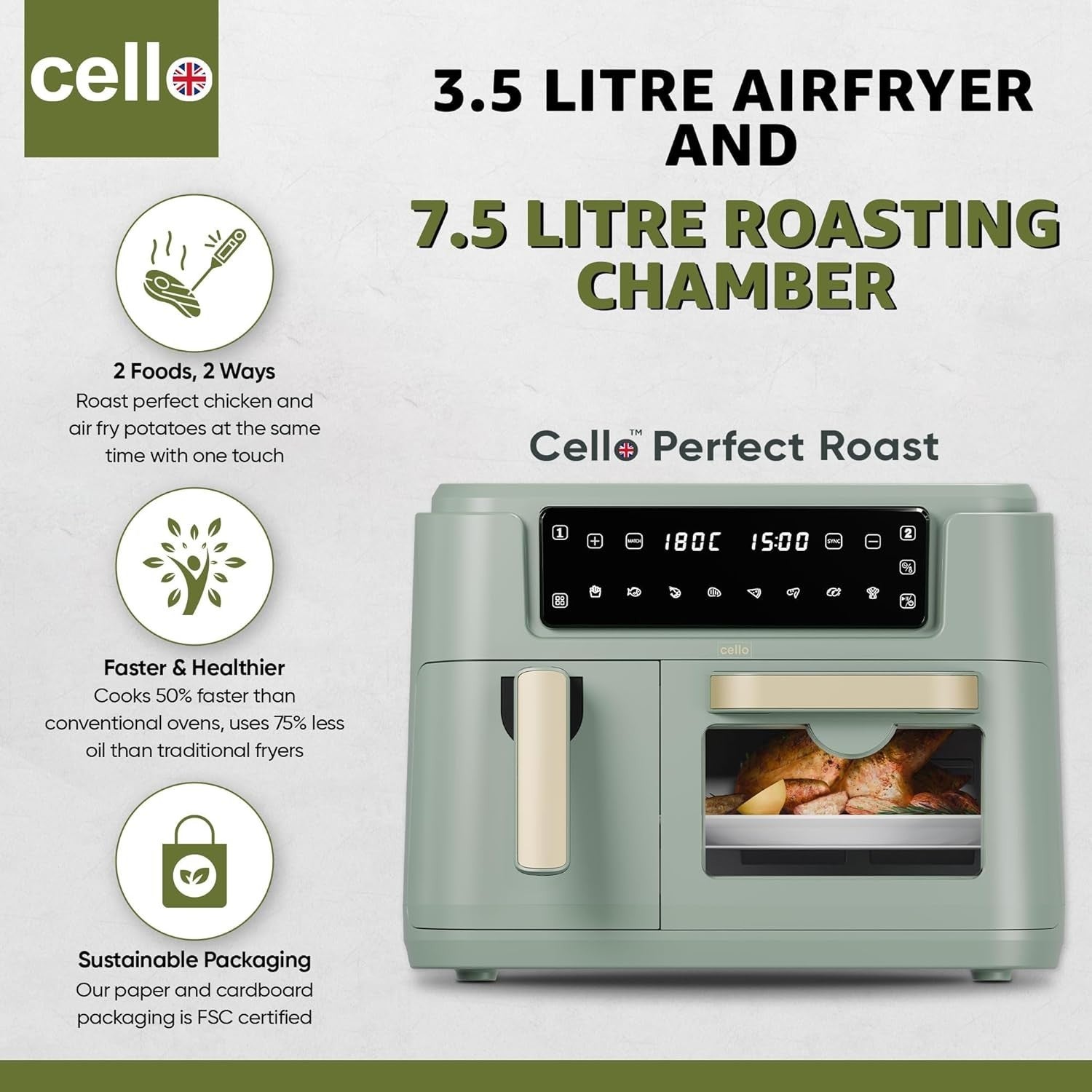 11L Dual Zone Air Fryer 2400W | 3.5L + 7.5L Drawers | 8-in-1 | Sage Green