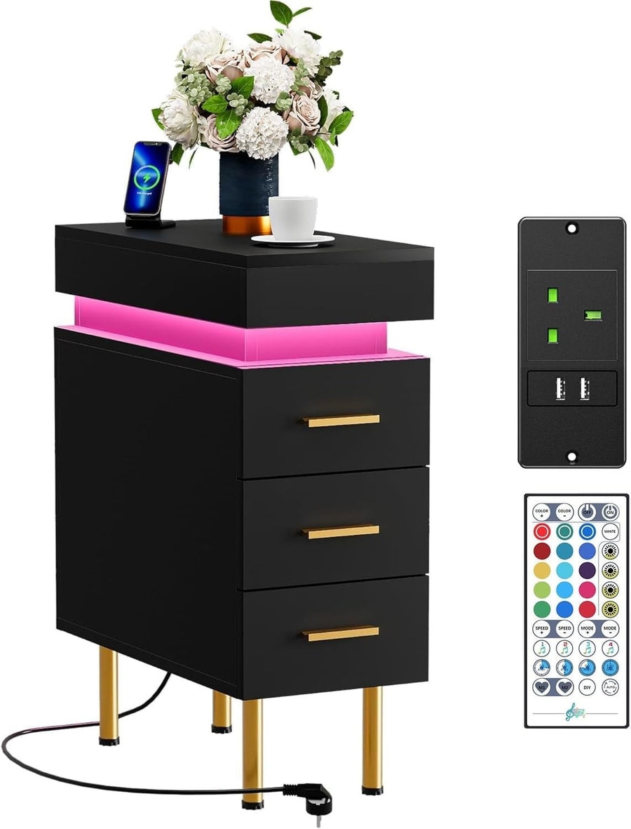 Modern LED Bedside Table with USB Charging, 3 Drawers + Hidden Storage