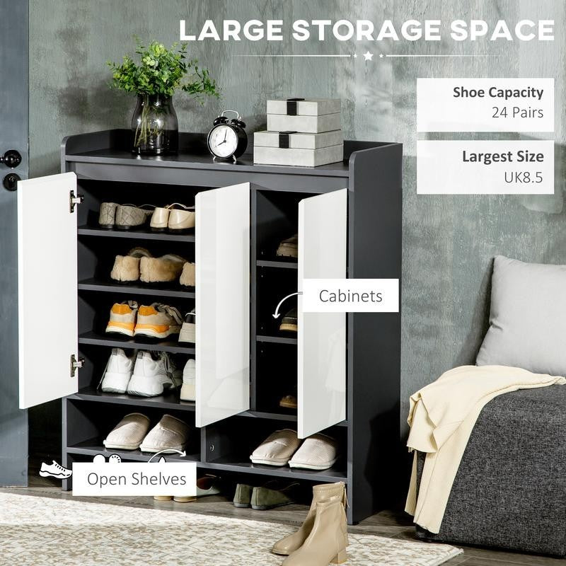 High Gloss Shoe Storage Cabinet White Doors Shelves Unit for 24 Pairs