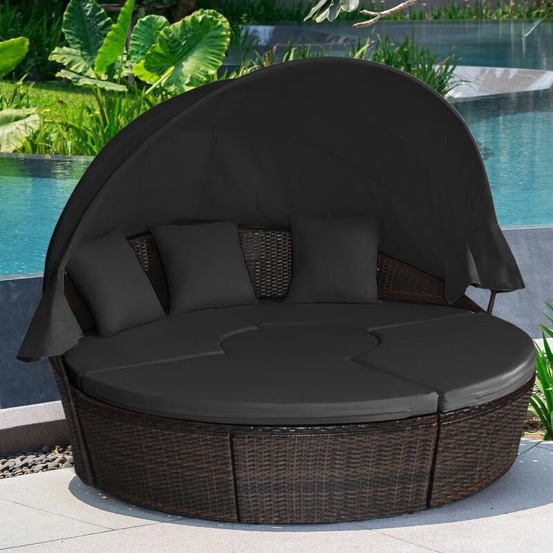 Round Rattan Outdoor Daybed with Retractable Canopy & Cushions Garden Set