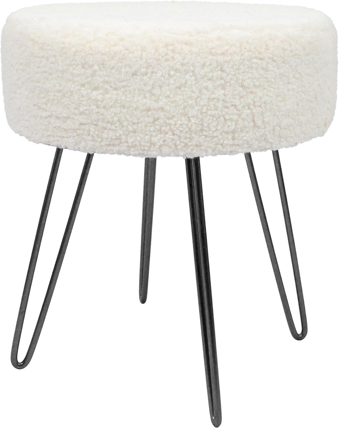 Cream Bouclé Round Footstool with Black Metal Legs – Modern Vanity Stool
