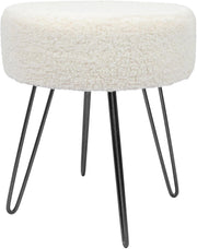 Cream Bouclé Round Footstool with Black Metal Legs – Modern Vanity Stool