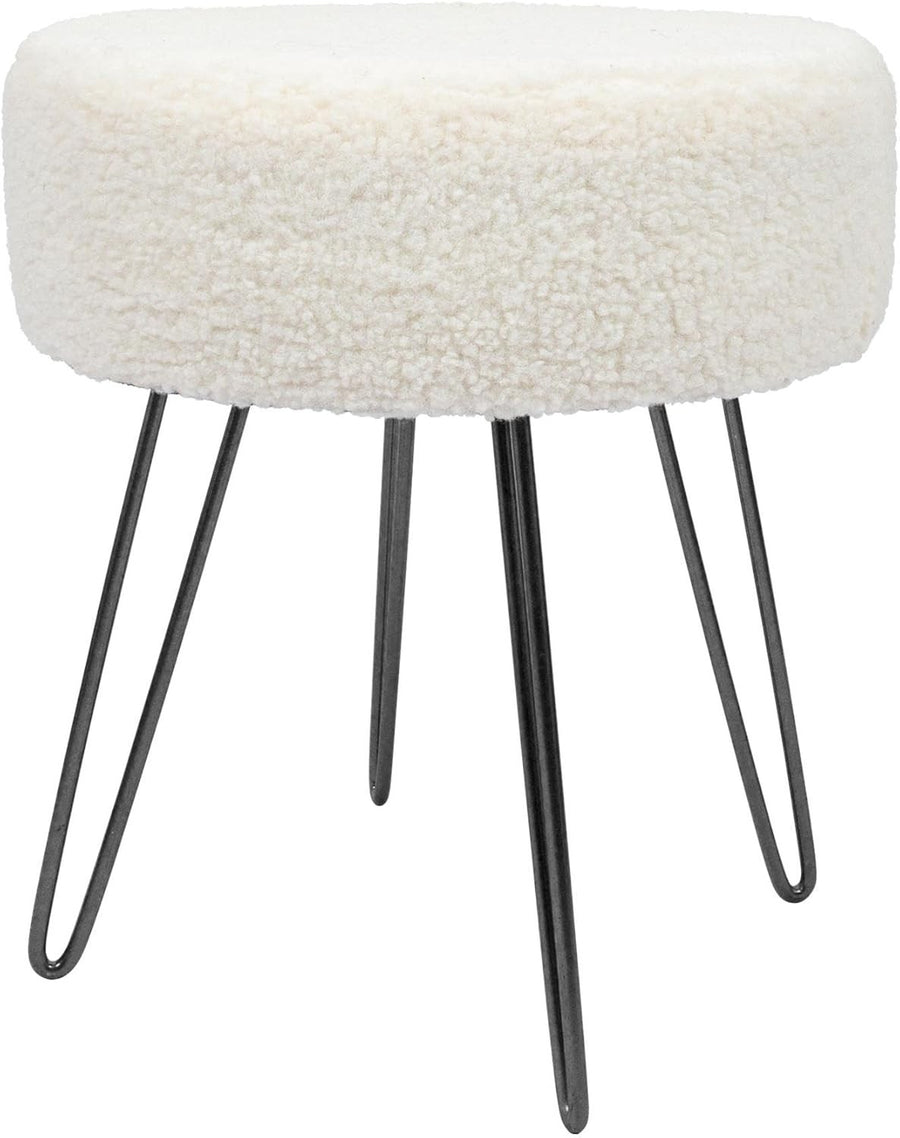 Cream Bouclé Round Footstool with Black Metal Legs – Modern Vanity Stool