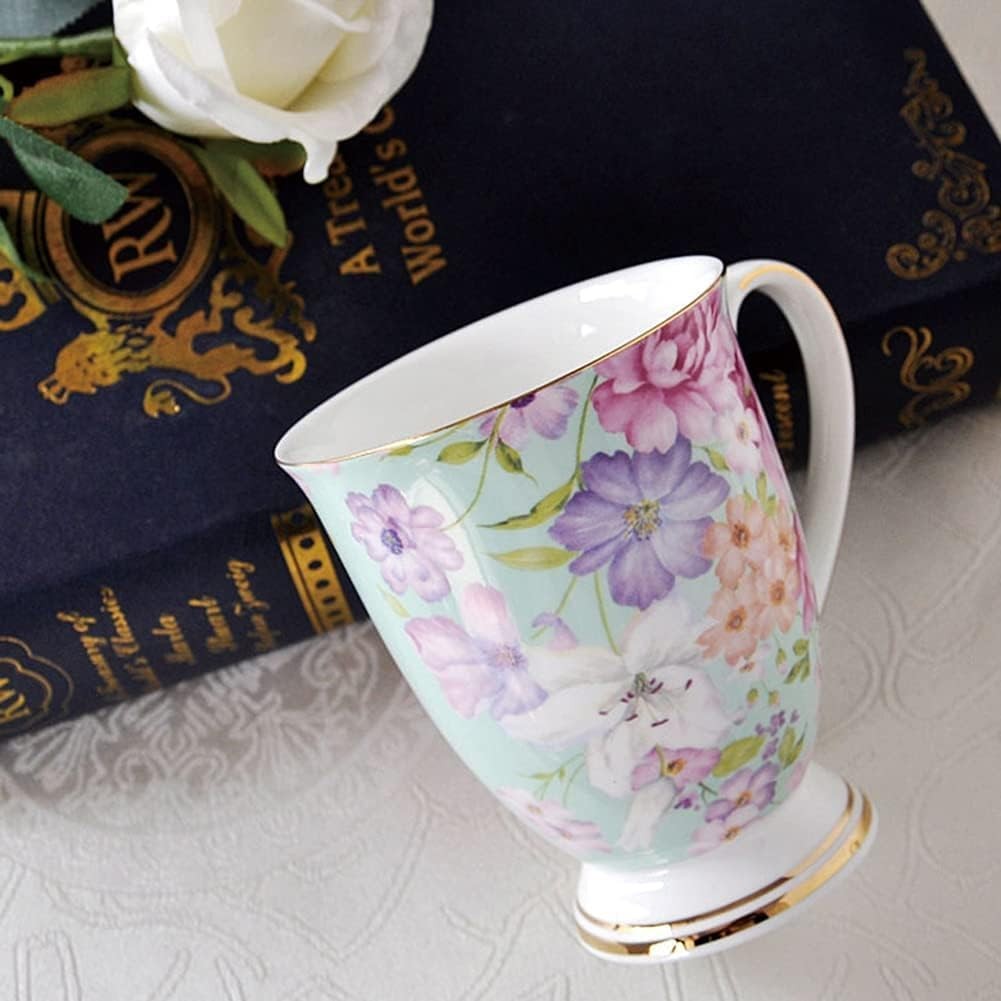 Floral Bone China Mug Set 4 Piece Coffee Tea Cups 11oz Gift Set