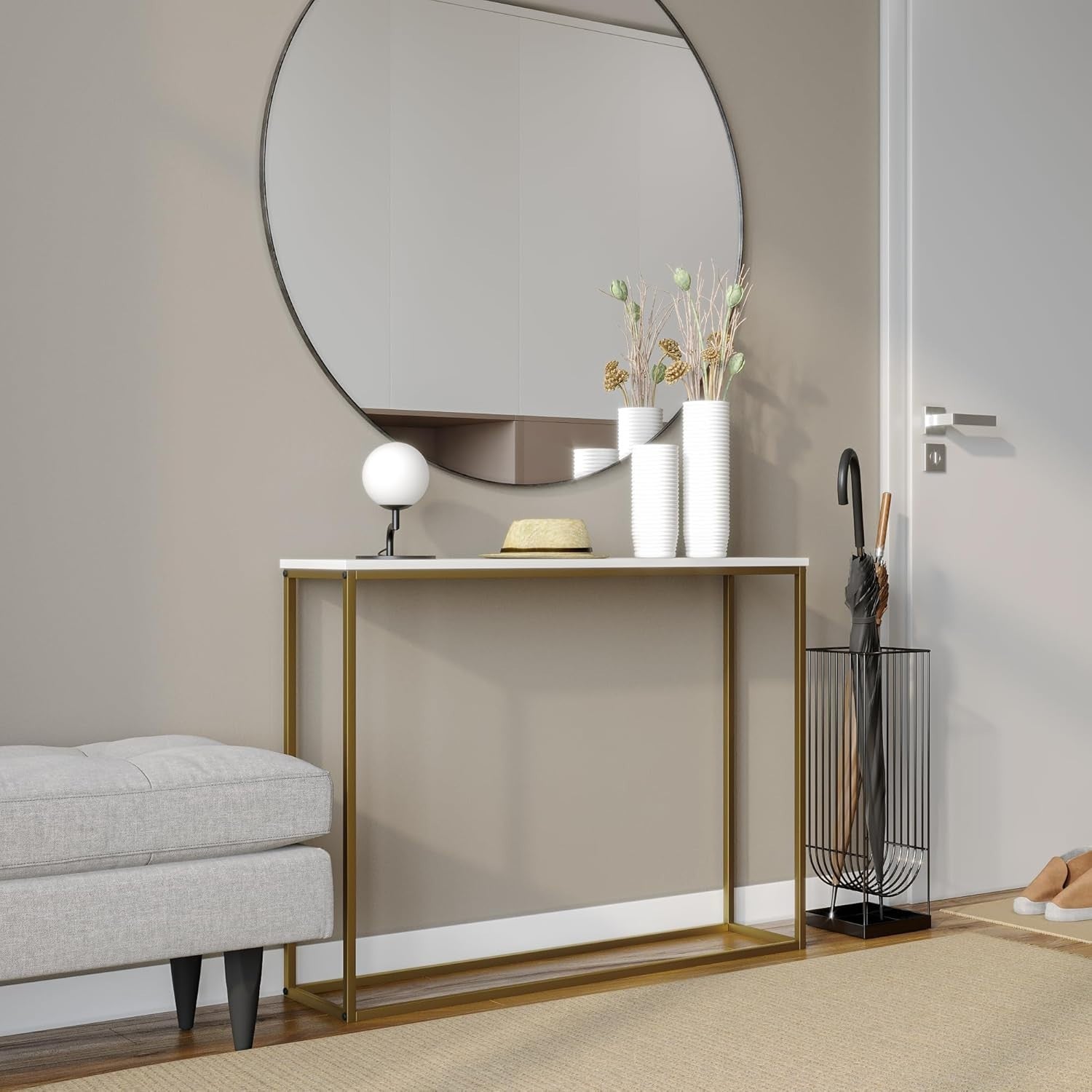 Modern Wooden Hallway Console Table with Gold Metal Legs, 24x100.5x75.5cm