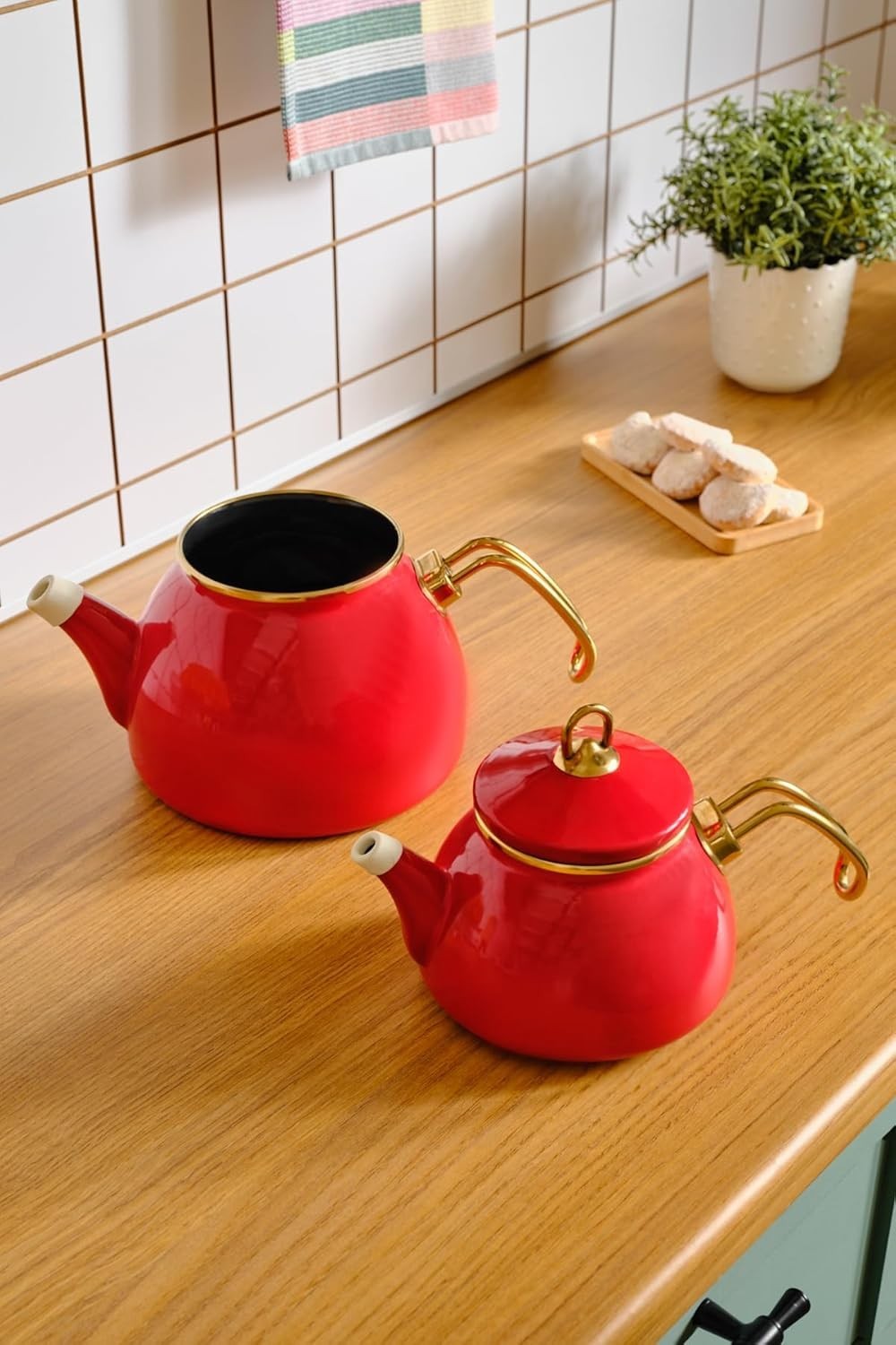 Red Enamel Turkish Tea Kettle Set 1.1L Teapot 2.3L Induction Safe
