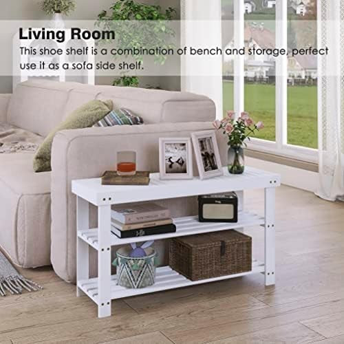 3-Tier White Bamboo Shoe Rack Bench with Storage Shelf & Durable Design