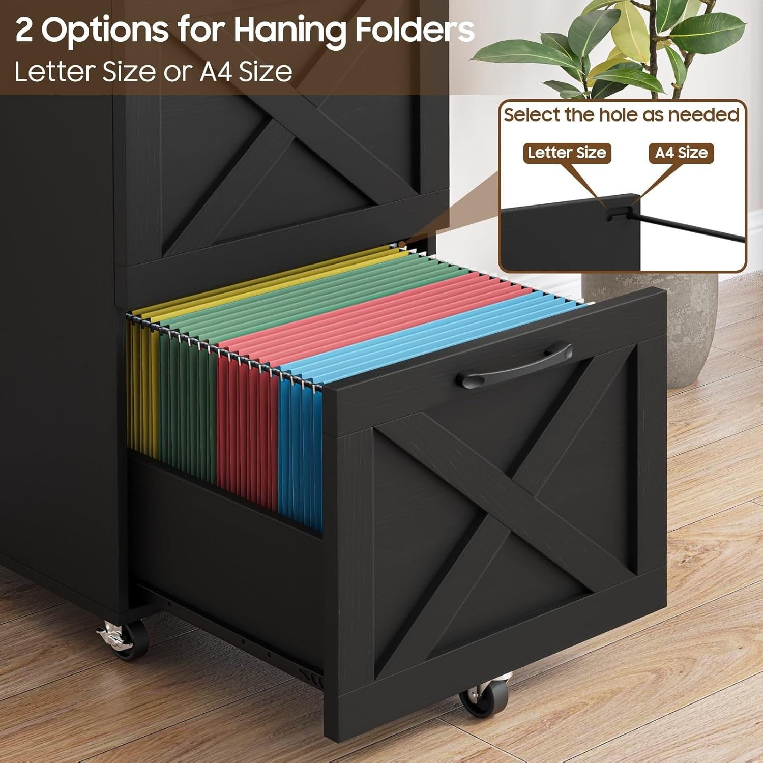 Black Farmhouse Rolling File Cabinet 2 Drawer A4 Letter Under Desk