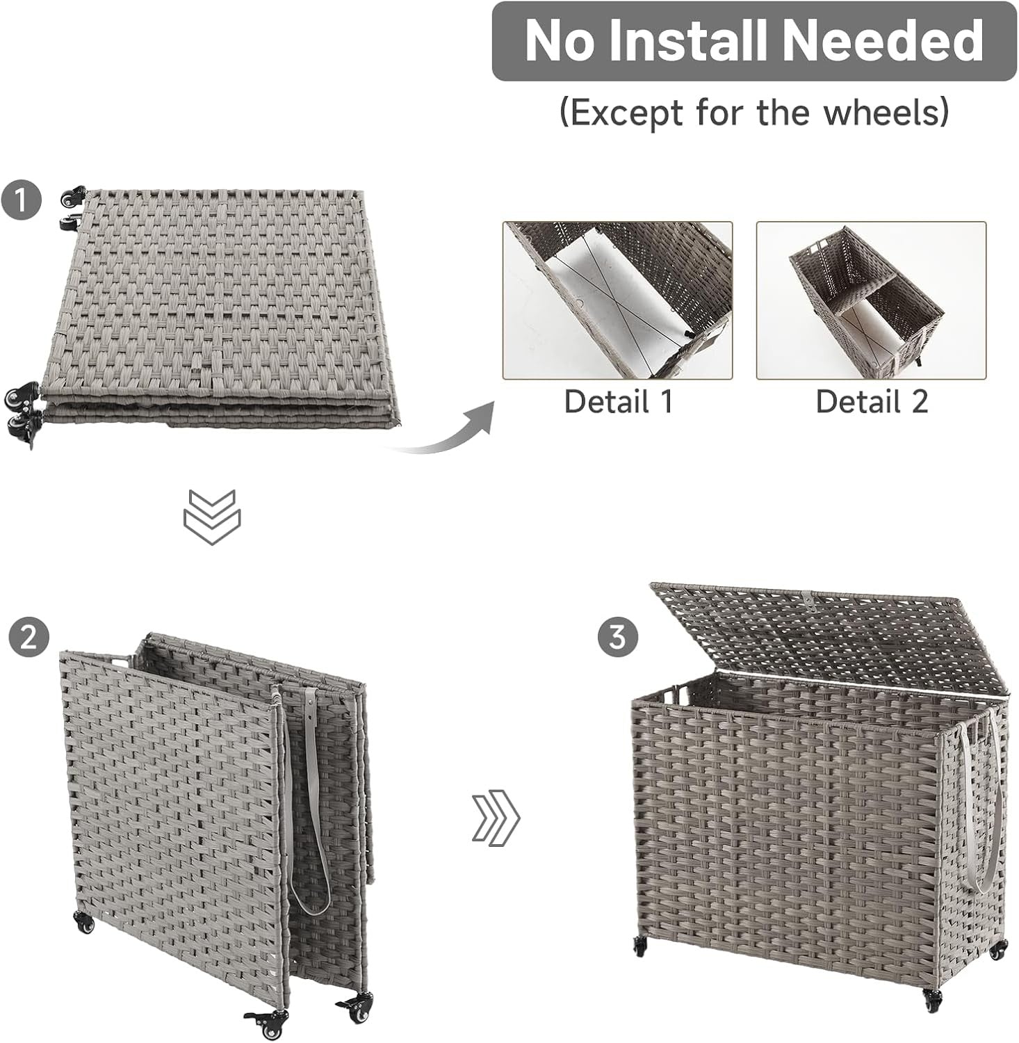 200L Rolling Wicker Laundry Hamper with Lid | 3 Removable Bags & Side Pocket | L