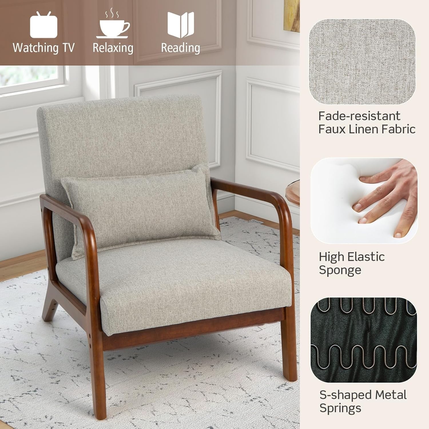 Grey Accent Armchair Modern Upholstered Lounge Chair Lumbar