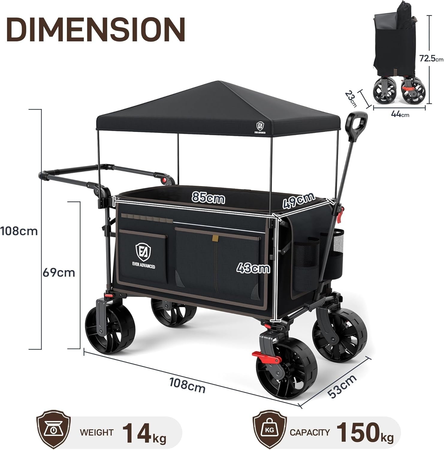 225L Folding Camping Wagon Trolley Heavy Duty Garden Cart with Canopy Wheels