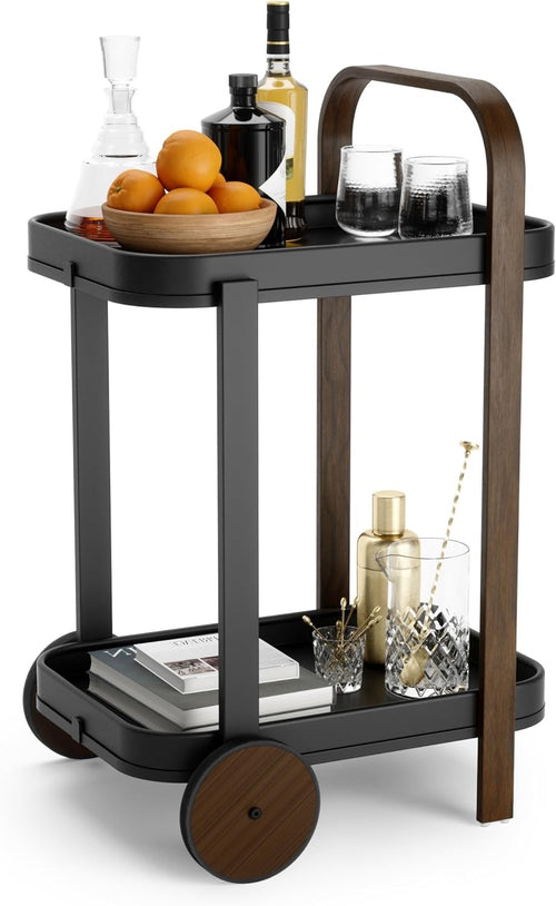 Luxury Bar Cart on Wheels 2 Tier Wooden Serving Trolley with Removable Tray