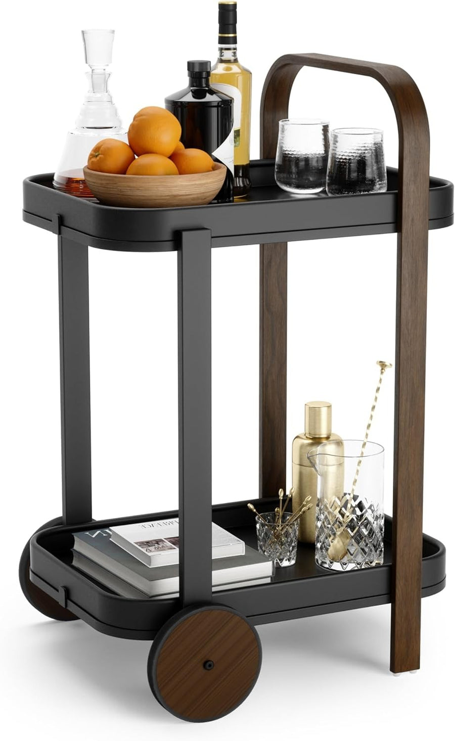 Luxury Bar Cart on Wheels 2 Tier Wooden Serving Trolley with Removable Tray