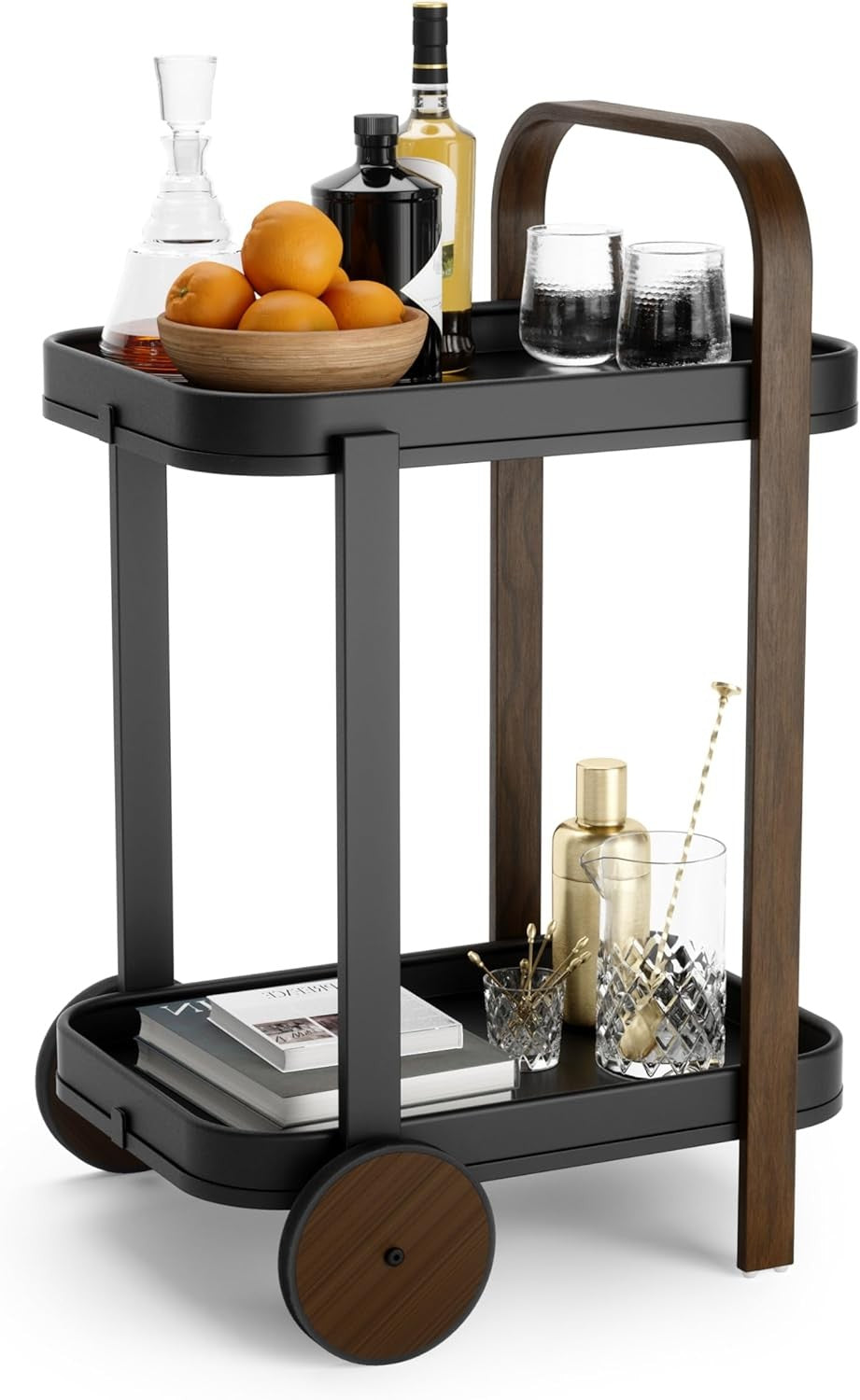 Luxury Bar Cart on Wheels 2 Tier Wooden Serving Trolley with Removable Tray