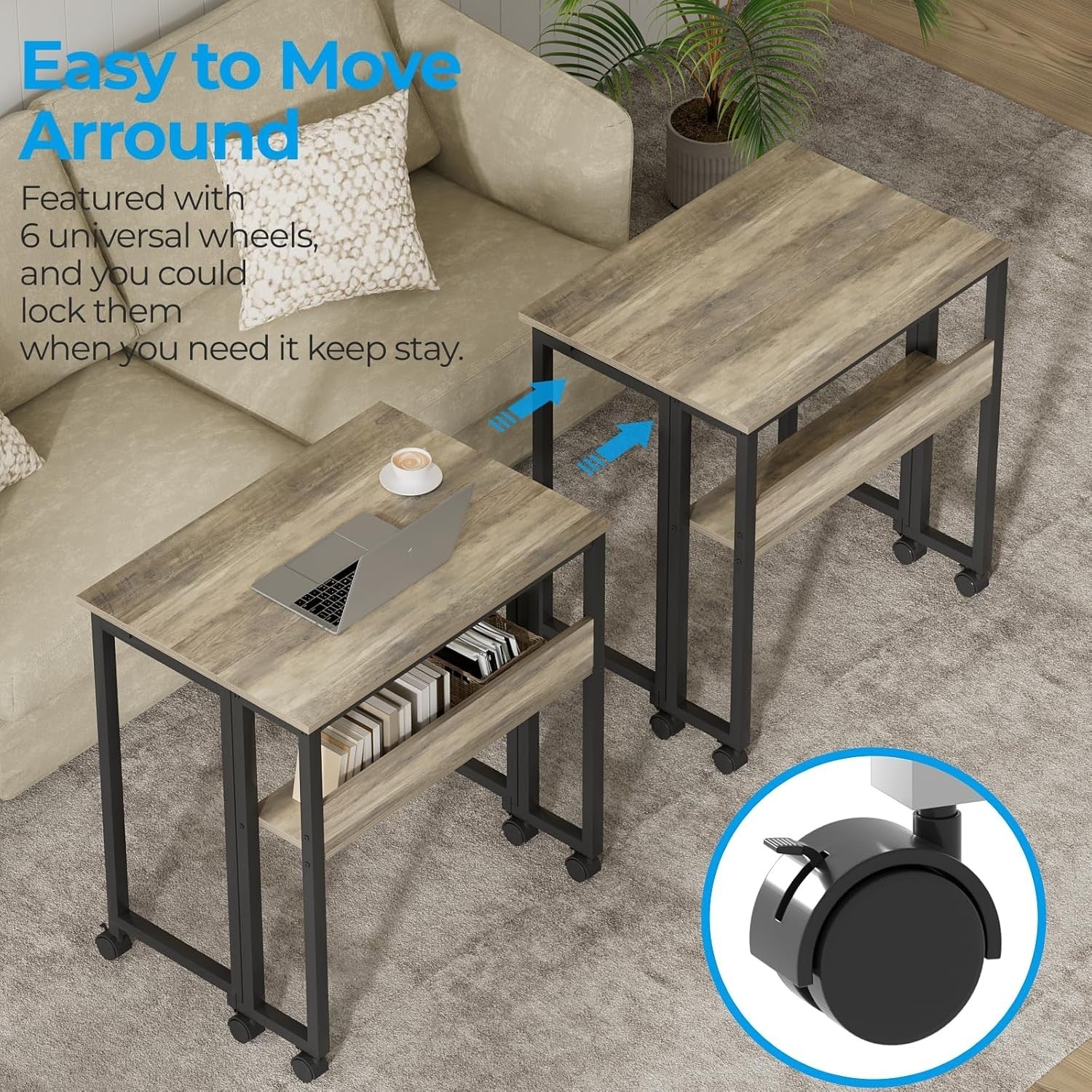 Folding Desk with Shelf & Wheels 63cm Compact Grey Wash Computer Table