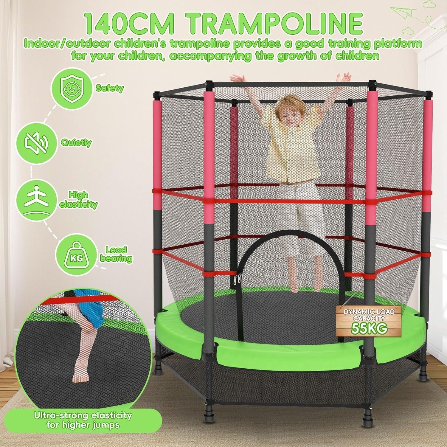 140cm Kids Trampoline with Safety Net Indoor Outdoor Toddler Green