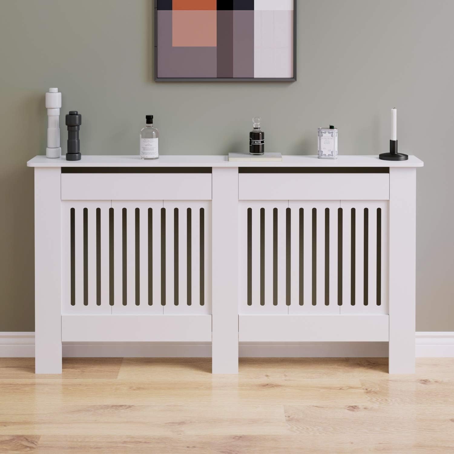 Large White Radiator Cover | Modern MDF Vertical Slatted Cabinet