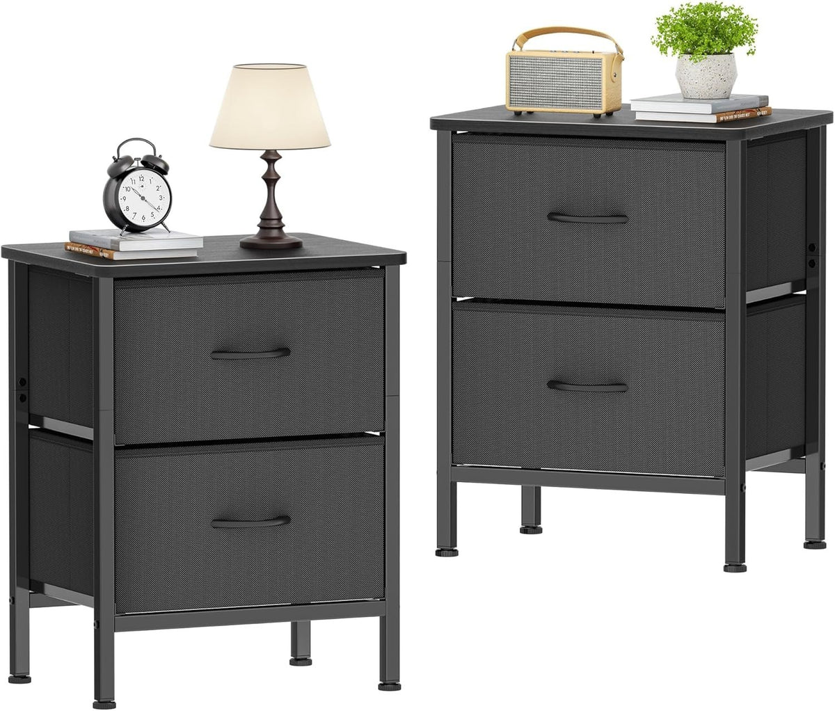 Set of 2 Black Bedside Tables with Fabric Drawers | Metal Frame Storage Cabinets