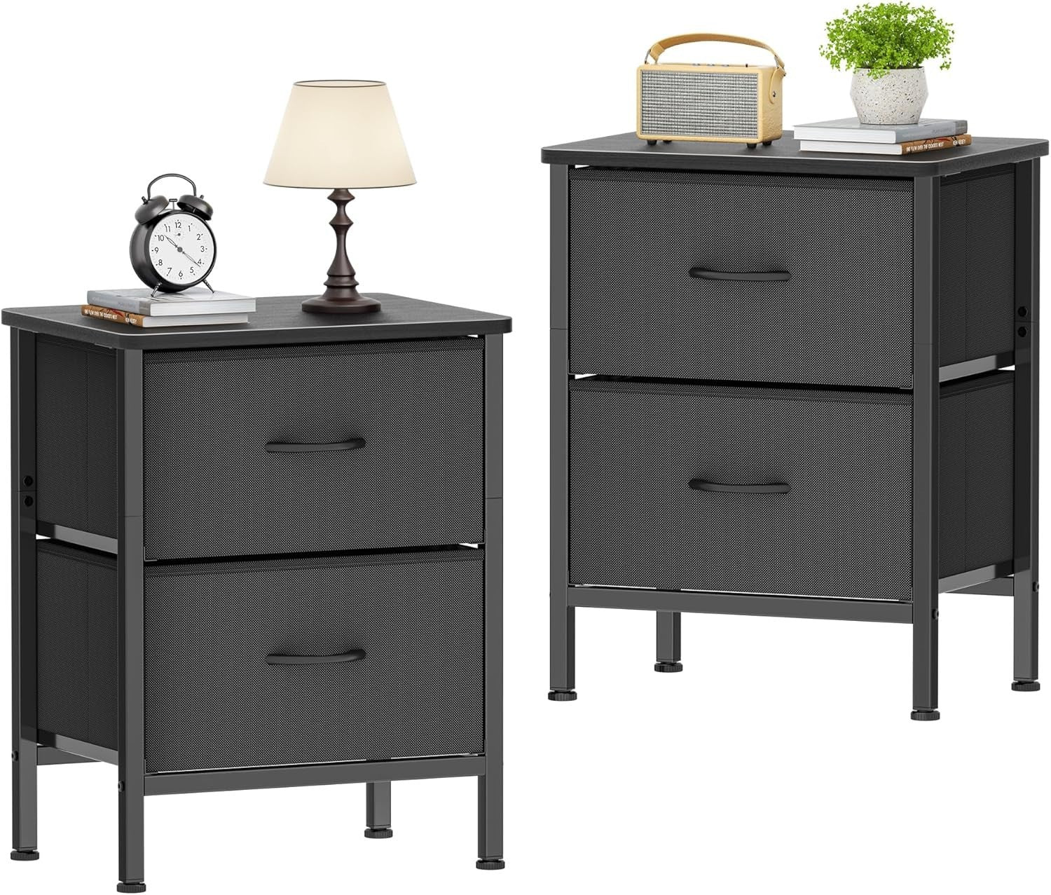 Set of 2 Black Bedside Tables with Fabric Drawers | Metal Frame Storage Cabinets