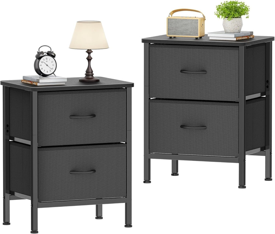 Set of 2 Black Bedside Tables with Fabric Drawers | Metal Frame Storage Cabinets