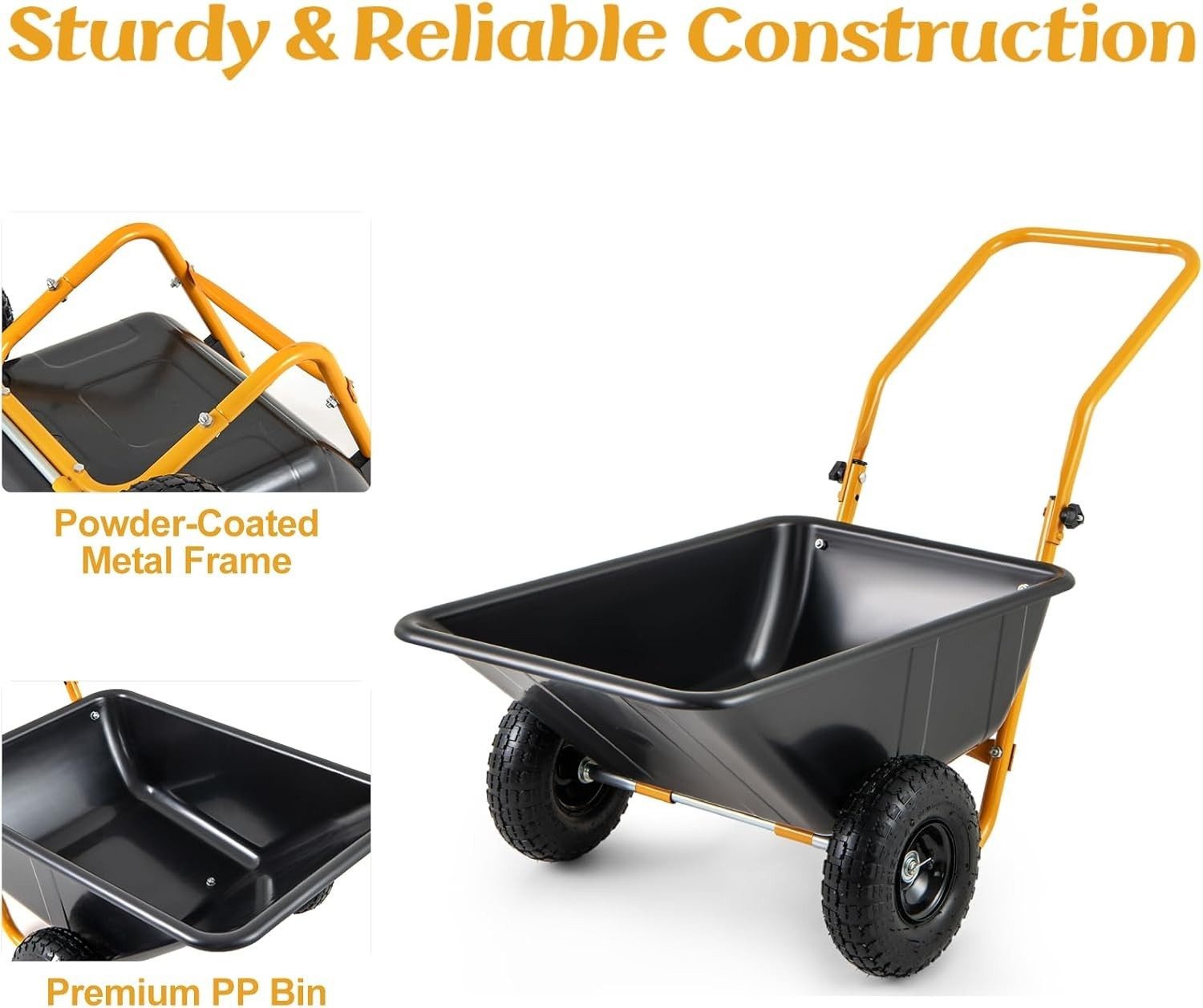80L 2-Wheel Garden Wheelbarrow & Black Heavy Duty Cart w/ 100kg Load Capacity