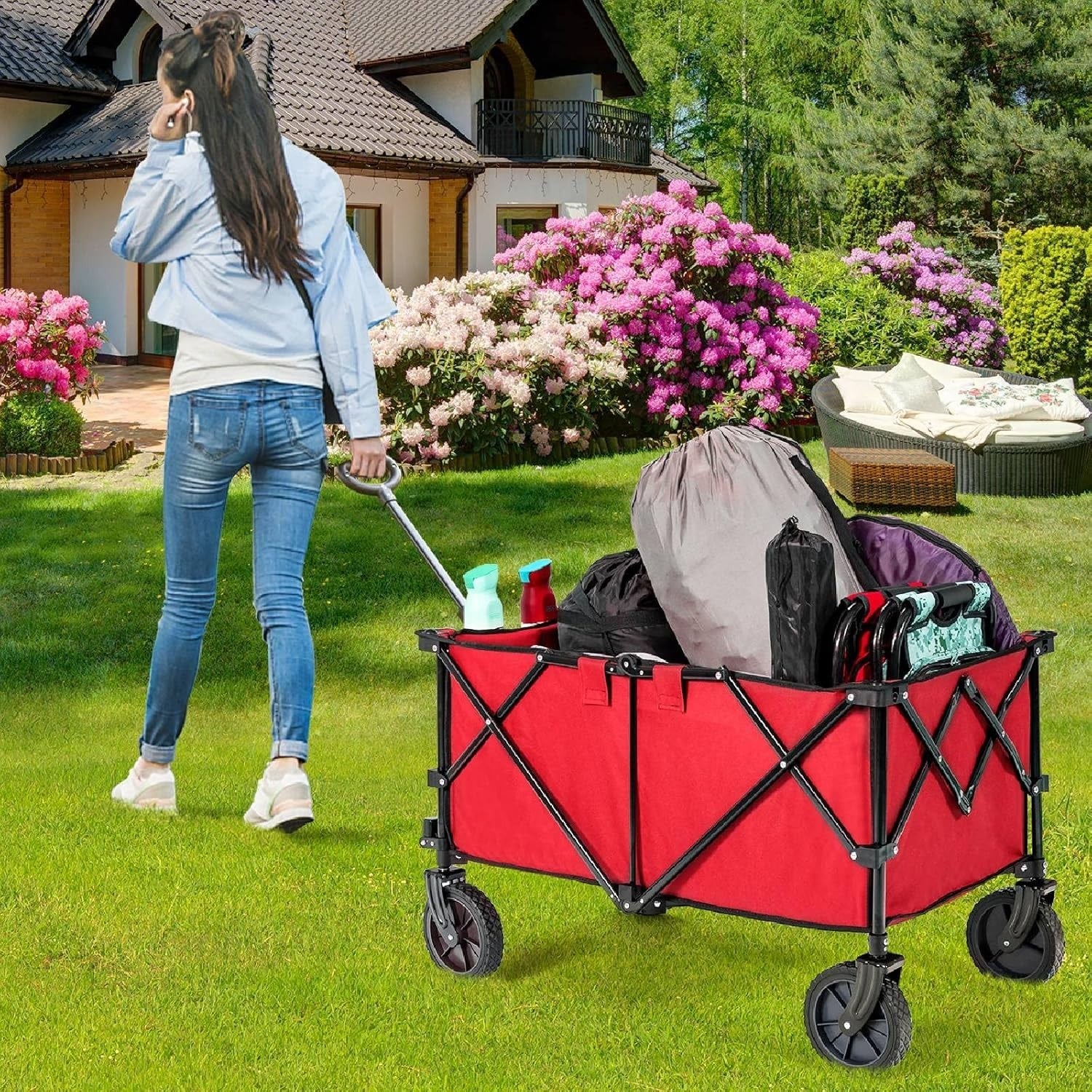 Folding Camping Wagon 87x50x38cm Heavy Duty Garden Cart Cup Holders Red