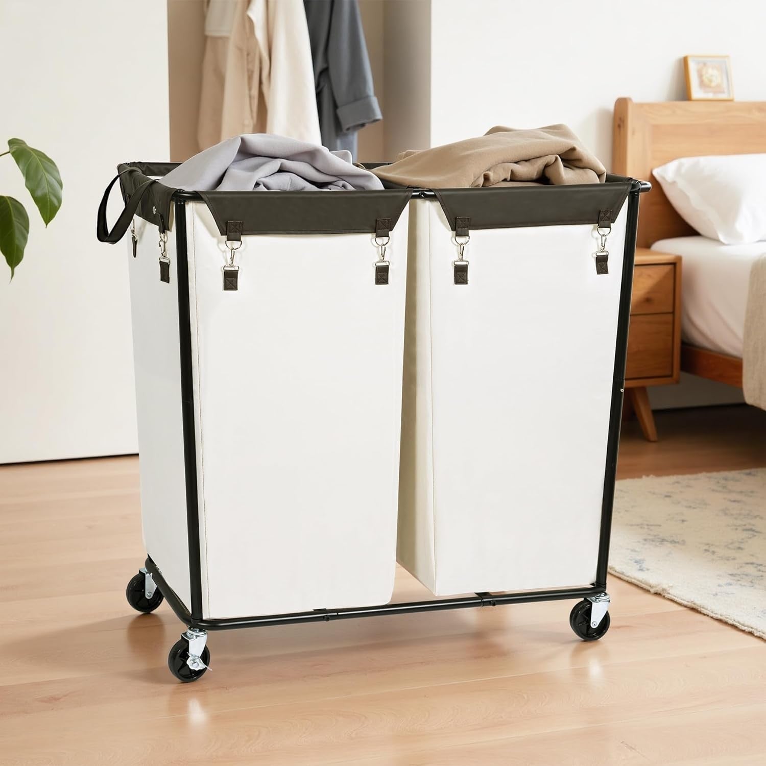 280L Heavy Duty Laundry Sorter with Wheels 2-Compartment Industrial Basket Cart