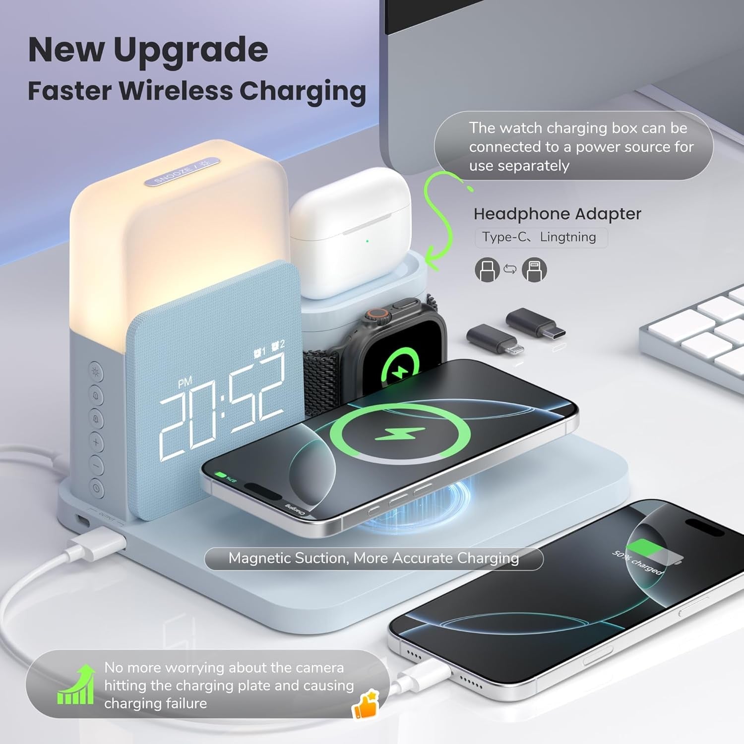 6 in 1 Wireless Charging Station Alarm Clock Night Light MagSafe Stand