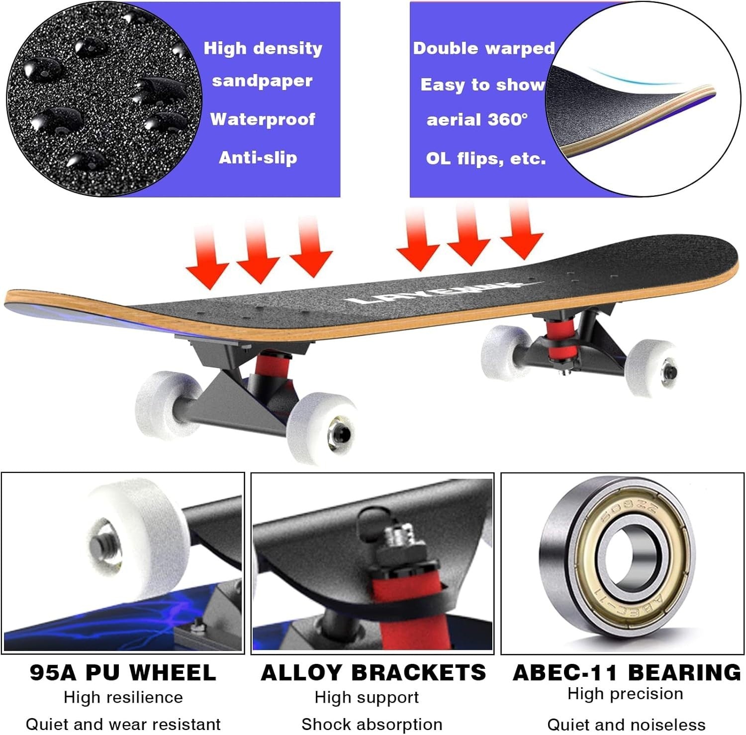31" Maple Skateboard for Adults & Teens | 7-Layer Deck | ABEC-11 Bearings | Blue