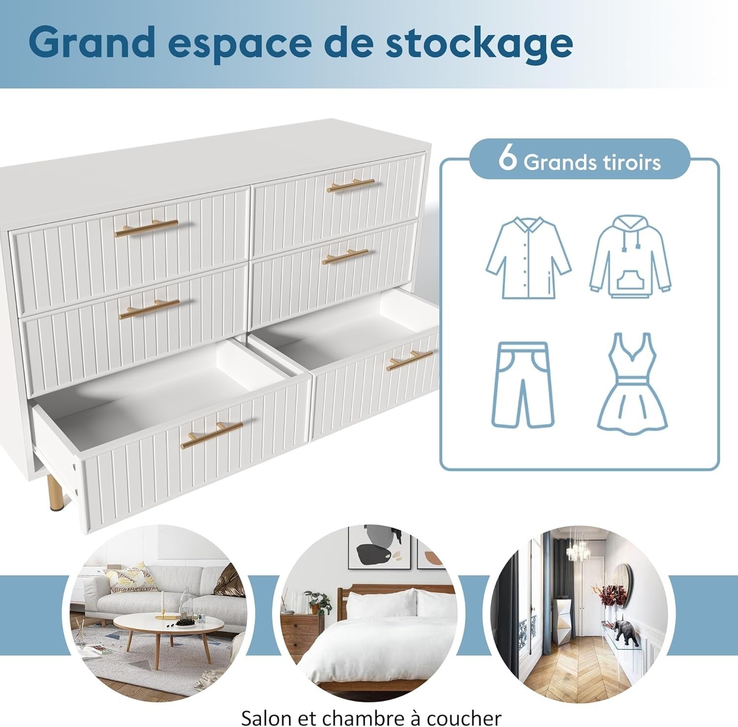 White Gold 6 Drawer Sideboard Cabinet Chest Modern Storage 120cm Wide