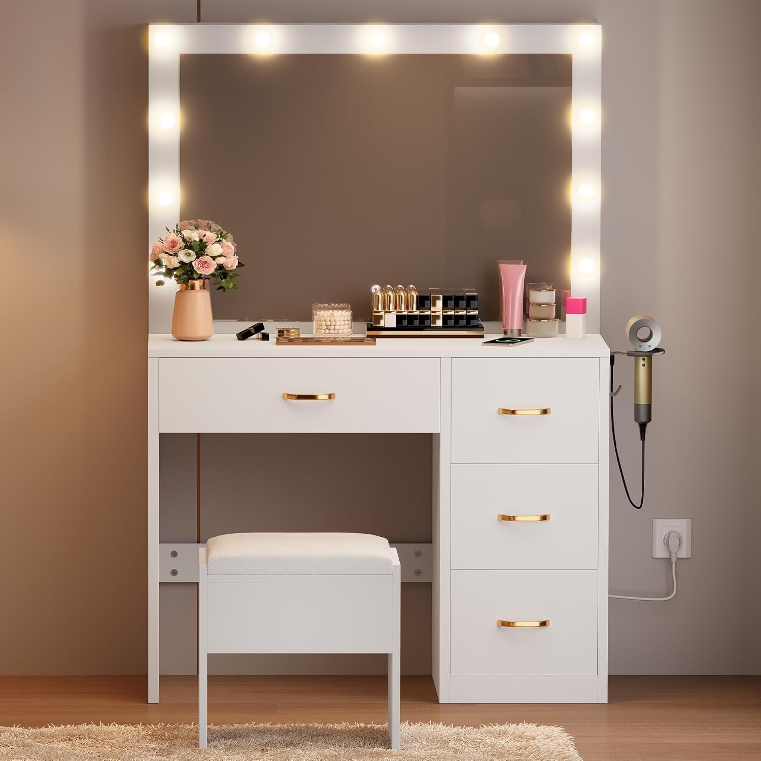 White Vanity Dressing Table w/ LED Mirror 4 Drawers Makeup Desk USB Minimalist